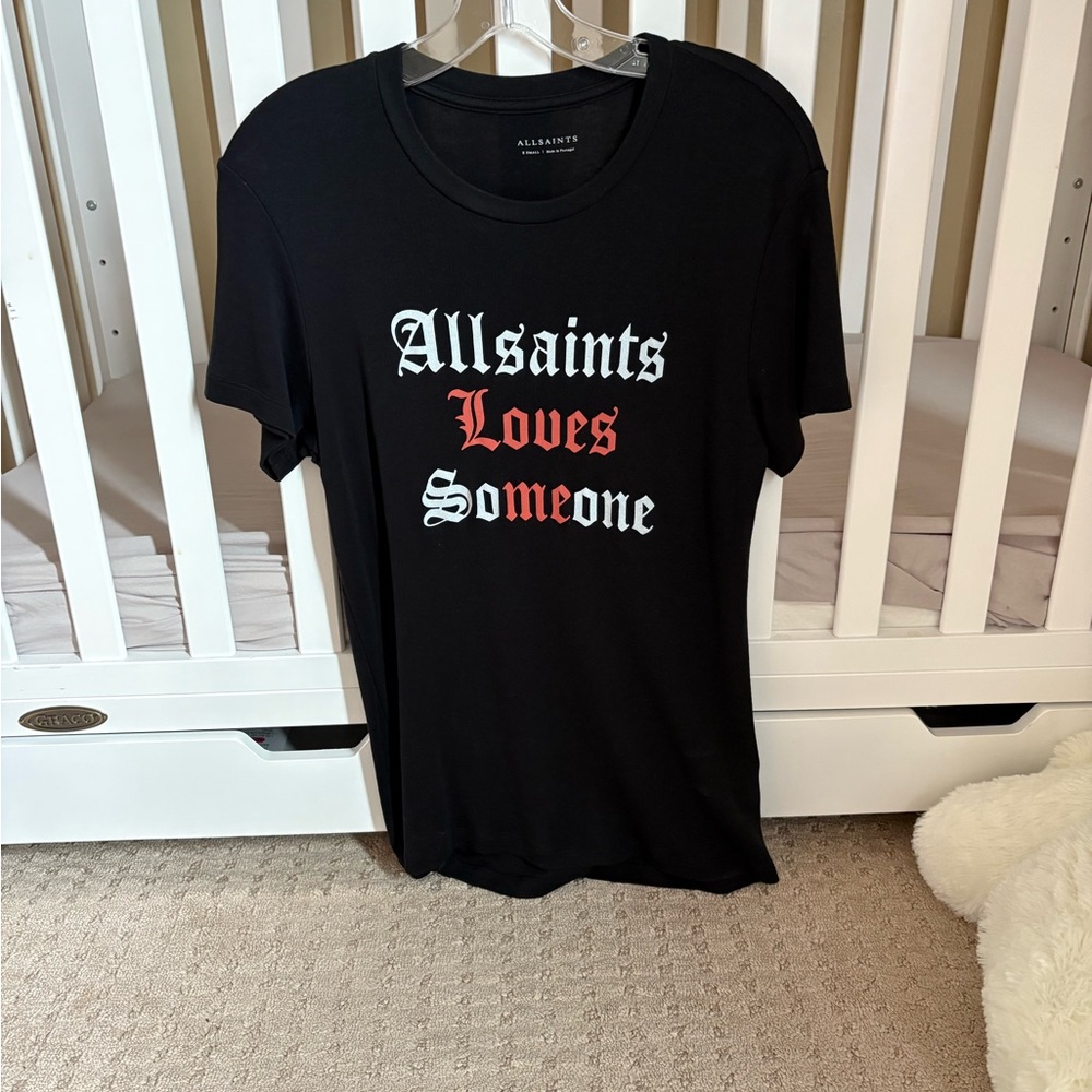 All Saints Black T-Shirt with Red and White Text